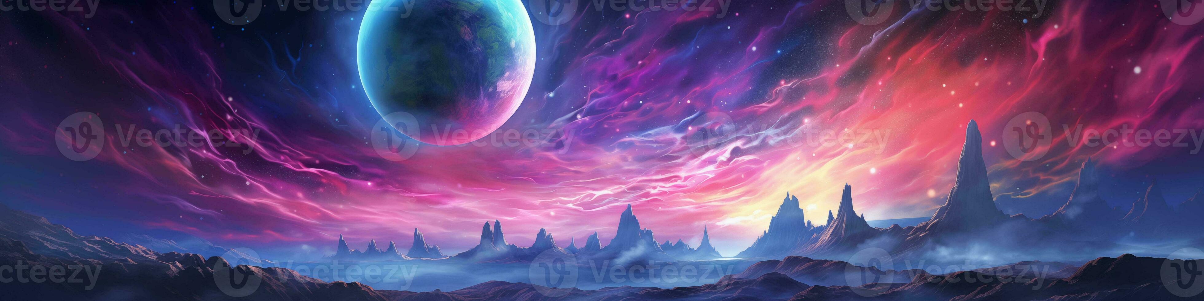 Space futuristic banner. Star background, galaxy, universe, fantasy, neon photo