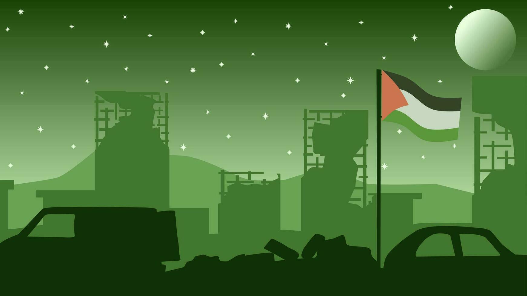 Palestine landscape vector illustration. Silhouette of destroyed buildings at night with palestine flag. Landscape illustration of destroyed city for background or wallpaper