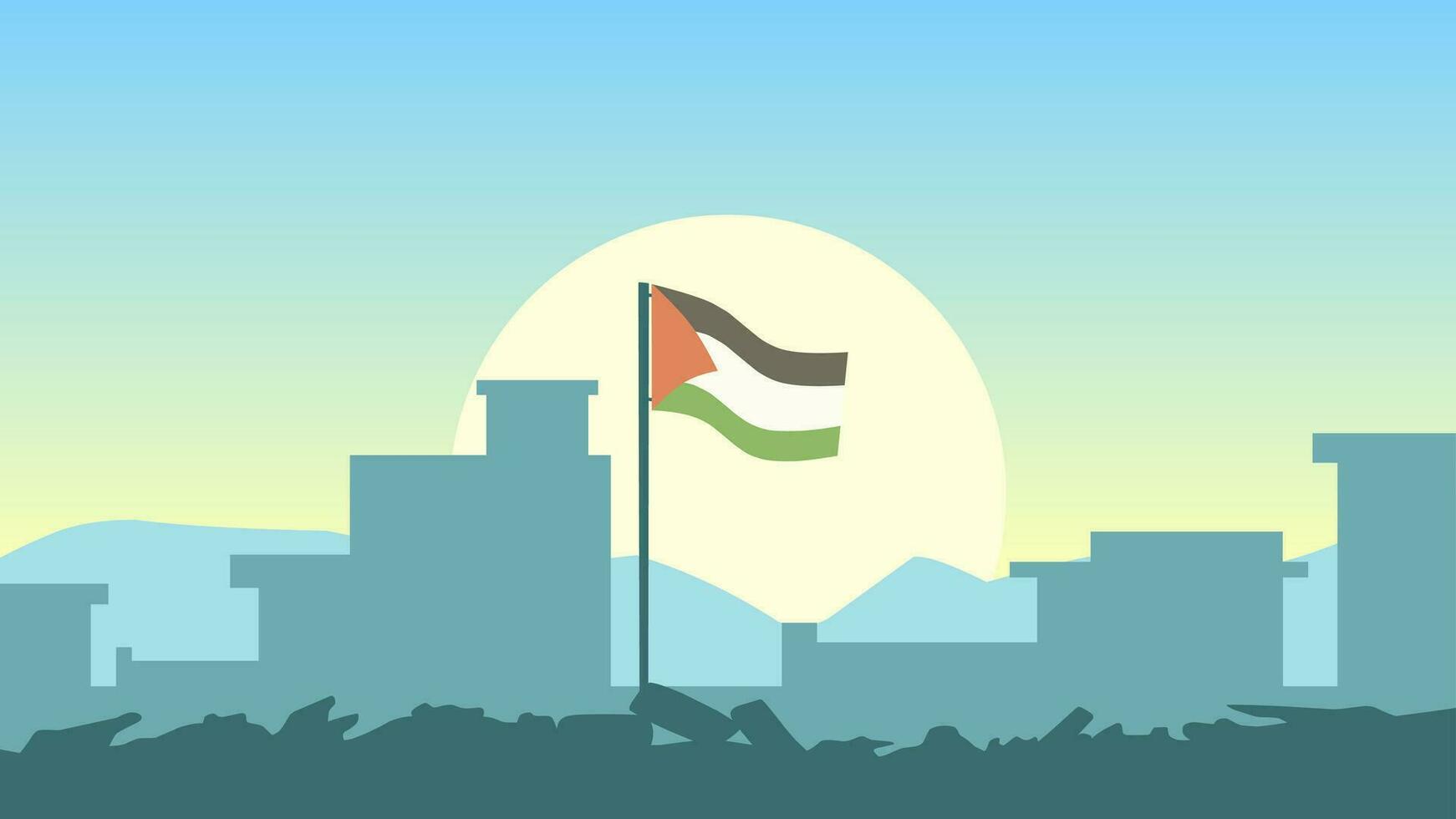 Palestine landscape vector illustration. Silhouette of destroyed buildings at morning with palestine flag. Landscape illustration of destroyed city for background or wallpaper