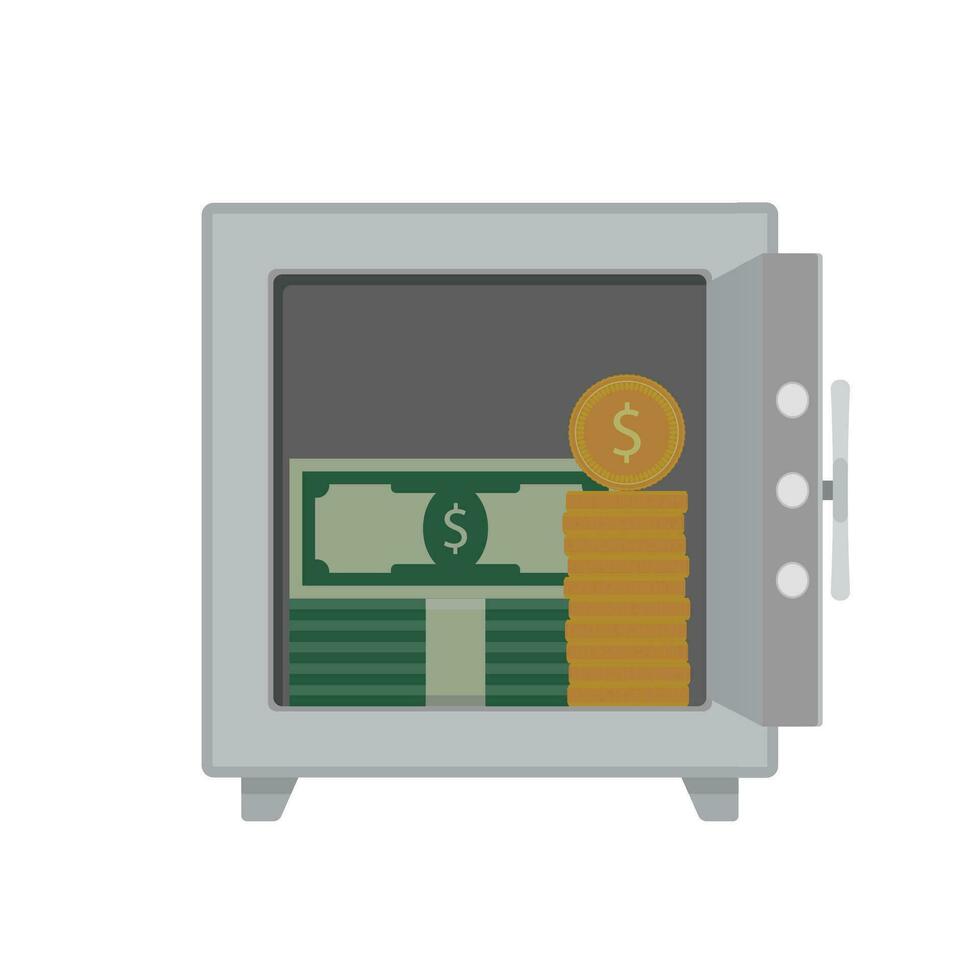 Money in steel safe. Finance safety, wealth security, money financial, dollar capital private, deposit capitalization, vector illustration