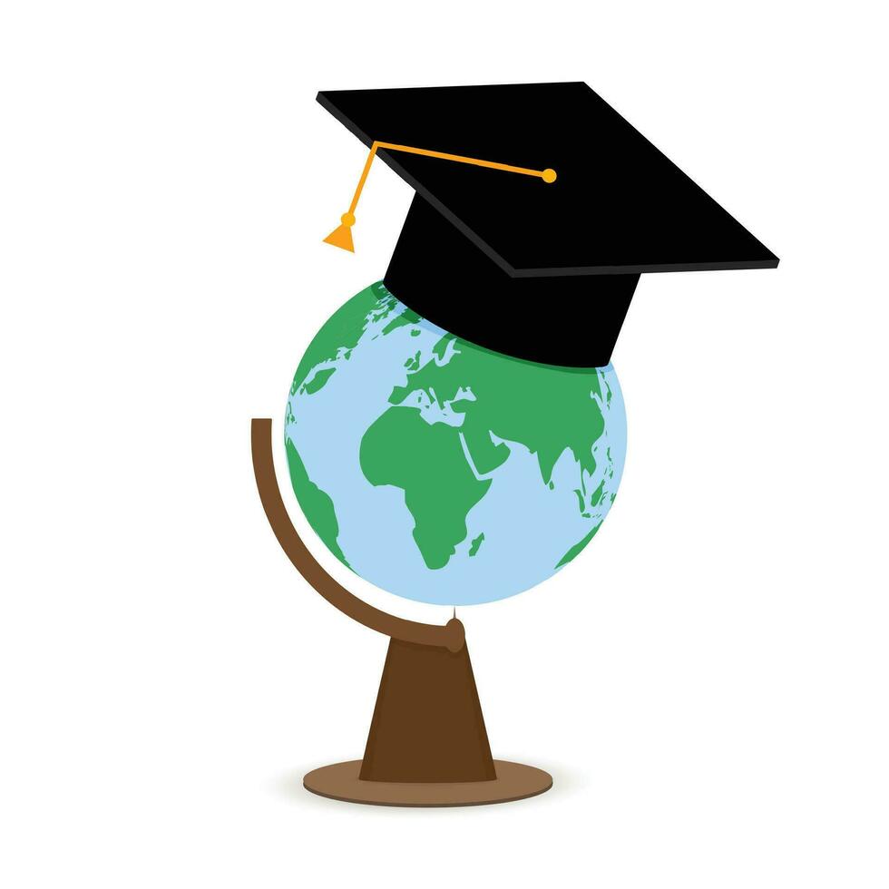 Higher education college university. Globe in cap. Education and study, graduate degree college, vector illustration