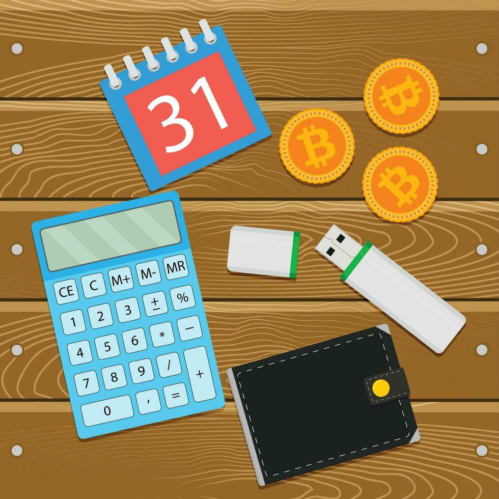 Salary in crypto coin bitcoin. Crypto salary on wallet, bitcoin and calculator. Vector illustration