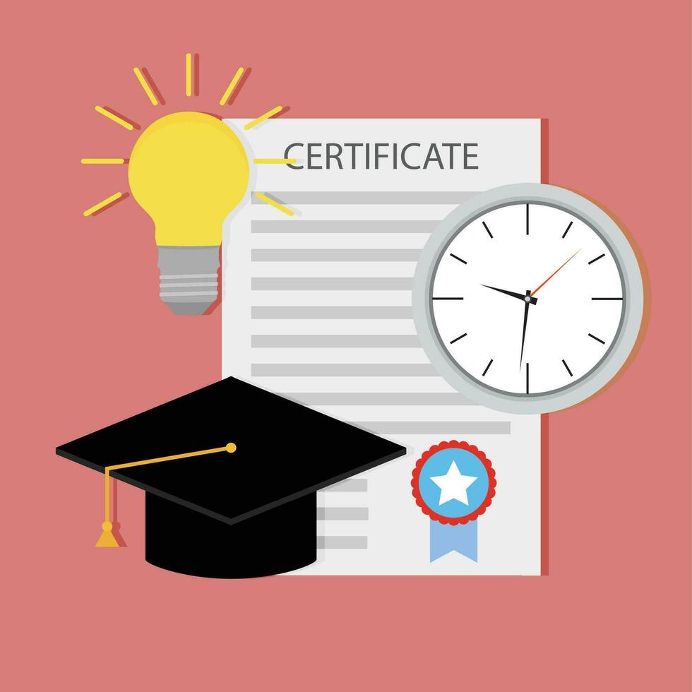 Education certificate, start teaching. University and college education, time for school and graduation. Vector illustration