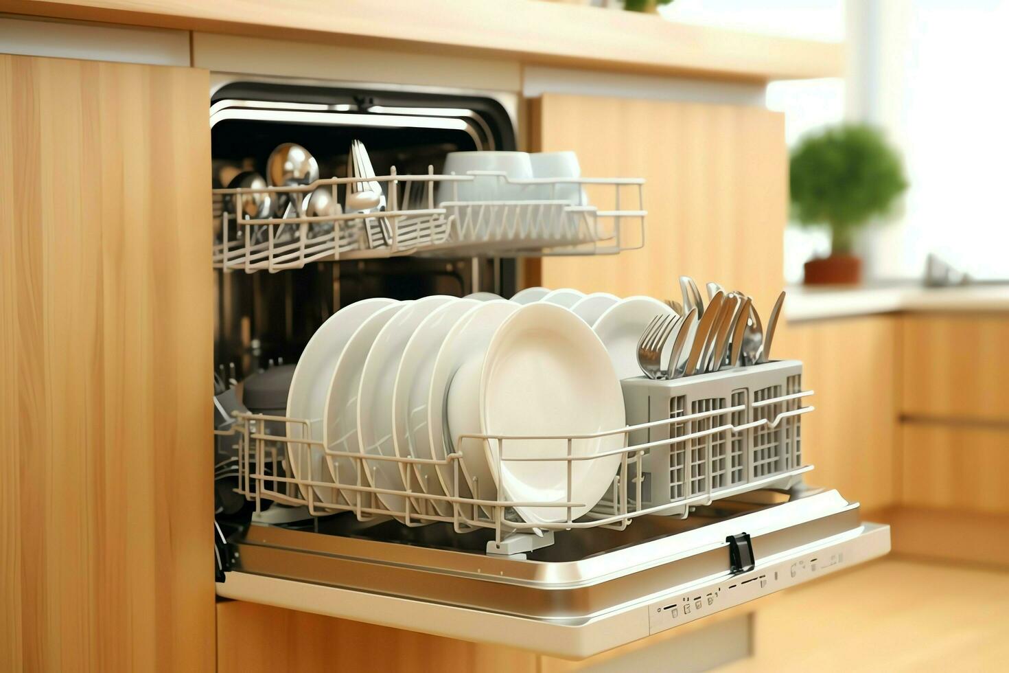 Opened dishwasher machine in kitchen room with dirty plates or clean dishes after washing inside concept by AI Generated photo