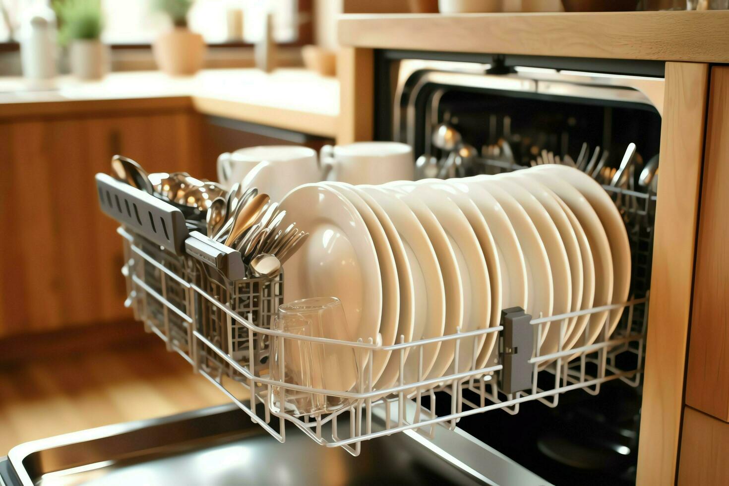 Opened dishwasher machine in kitchen room with dirty plates or clean dishes after washing inside concept by AI Generated photo