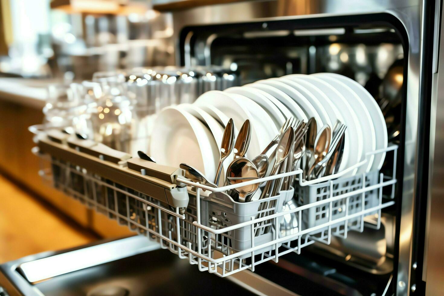 Opened dishwasher machine in kitchen room with dirty plates or clean dishes after washing inside concept by AI Generated photo