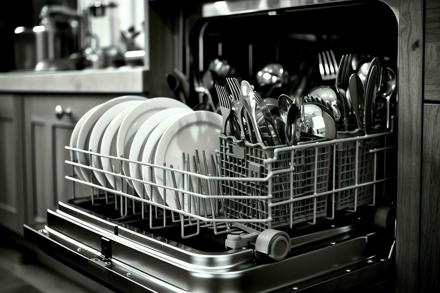 Opened dishwasher machine in kitchen room with dirty plates or clean dishes after washing inside concept by AI Generated photo