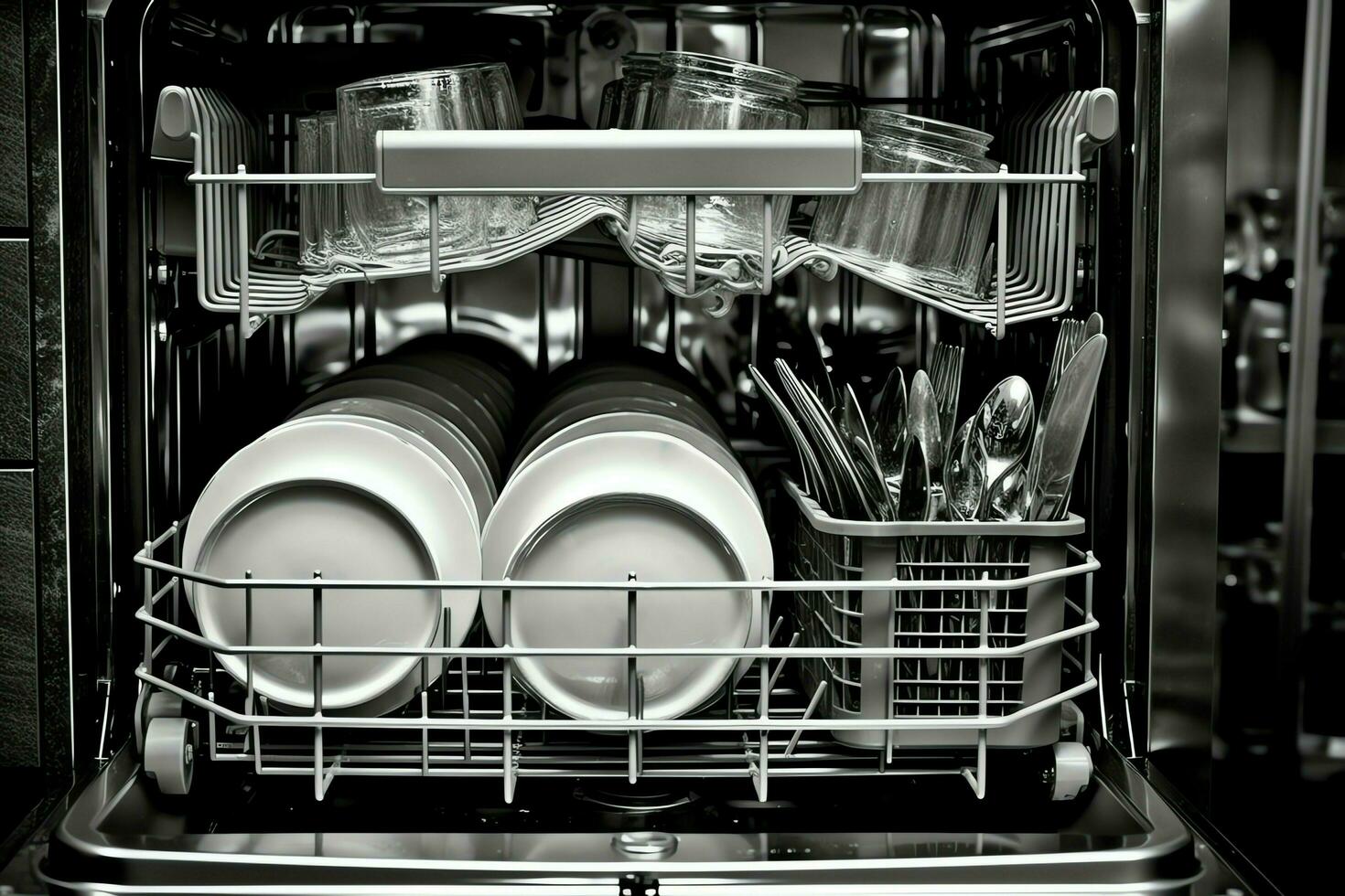 Opened dishwasher machine in kitchen room with dirty plates or clean dishes after washing inside concept by AI Generated photo