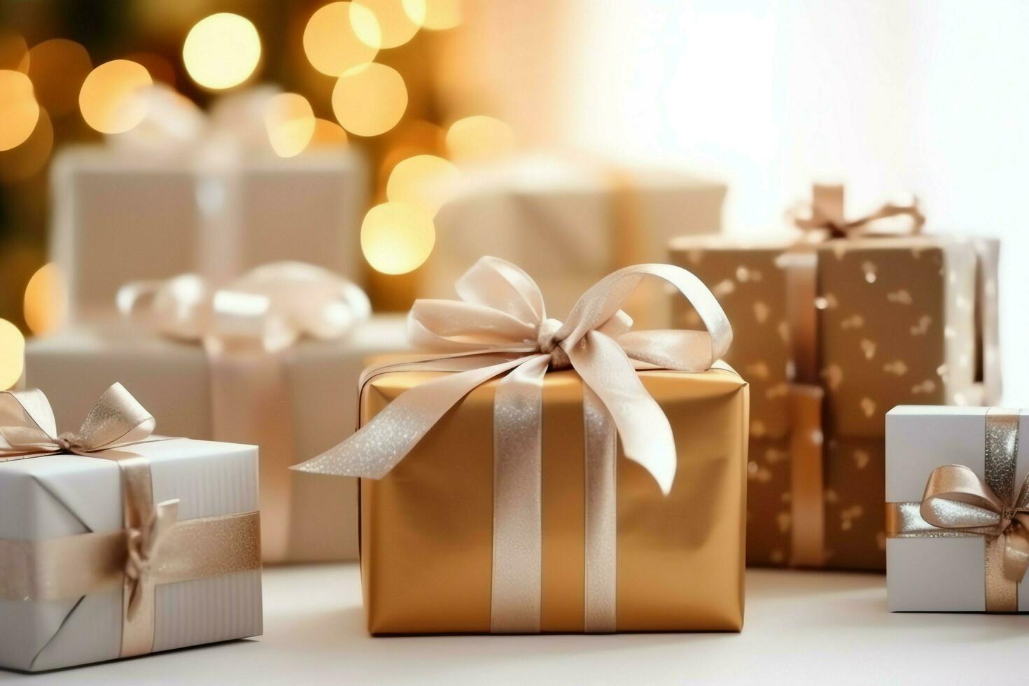 Colorful gift boxes present with ribbon and bow. For birthday, christmas gift or valentine occasions concept by AI Generated photo