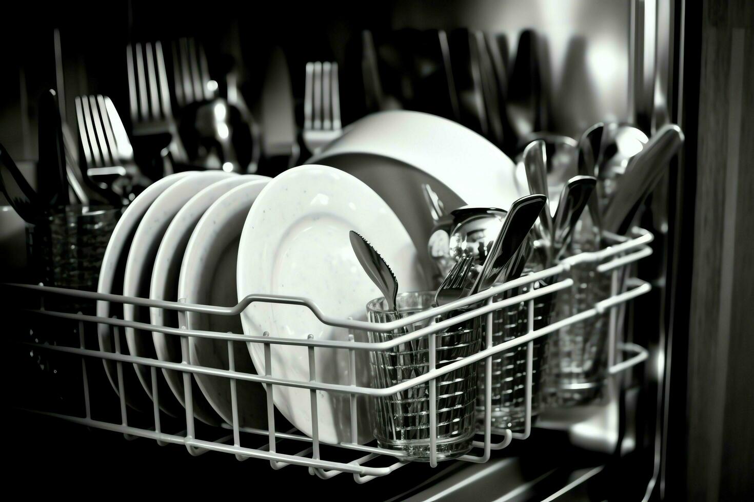 Opened dishwasher machine in kitchen room with dirty plates or clean dishes after washing inside concept by AI Generated photo