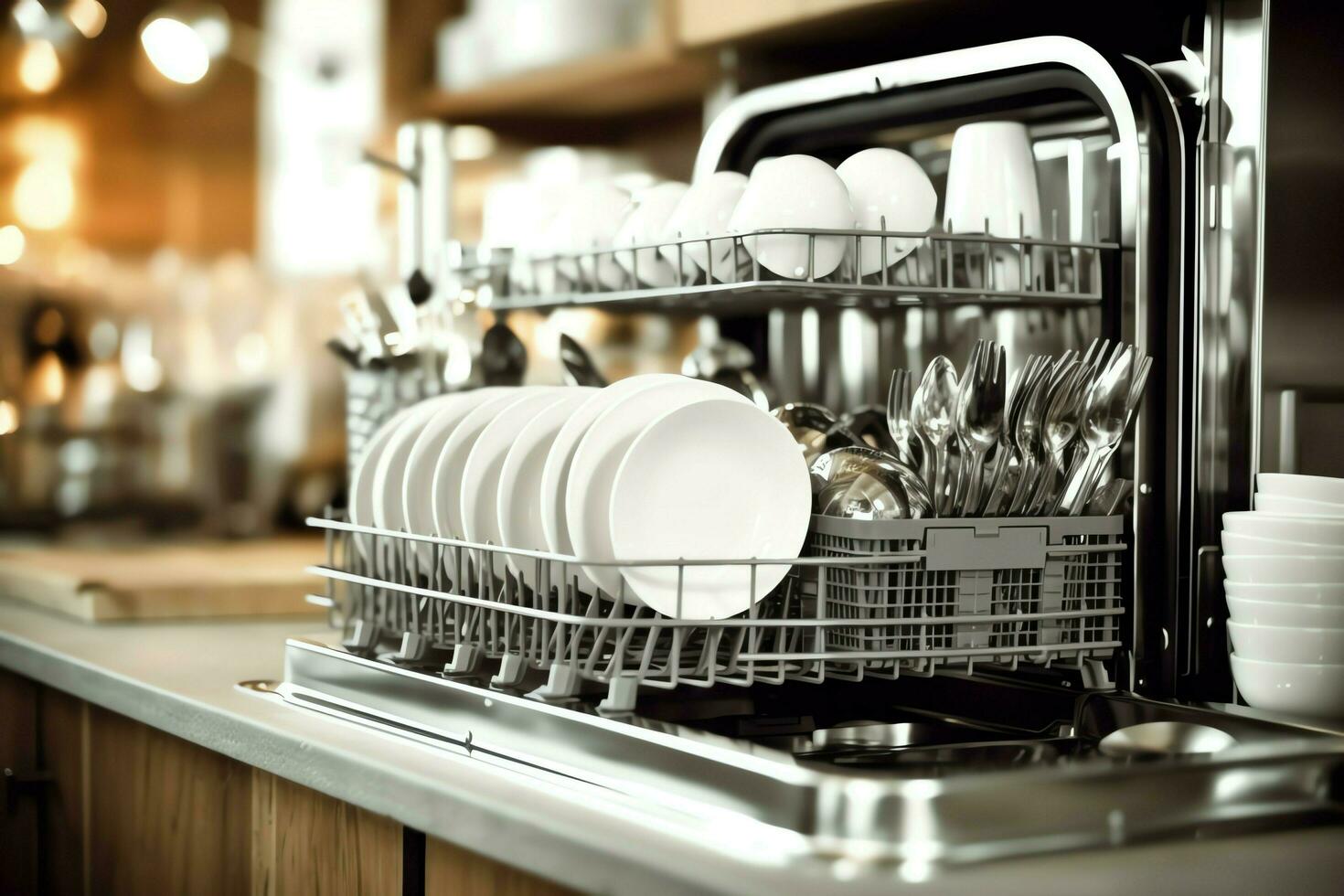 Opened dishwasher machine in kitchen room with dirty plates or clean dishes after washing inside concept by AI Generated photo