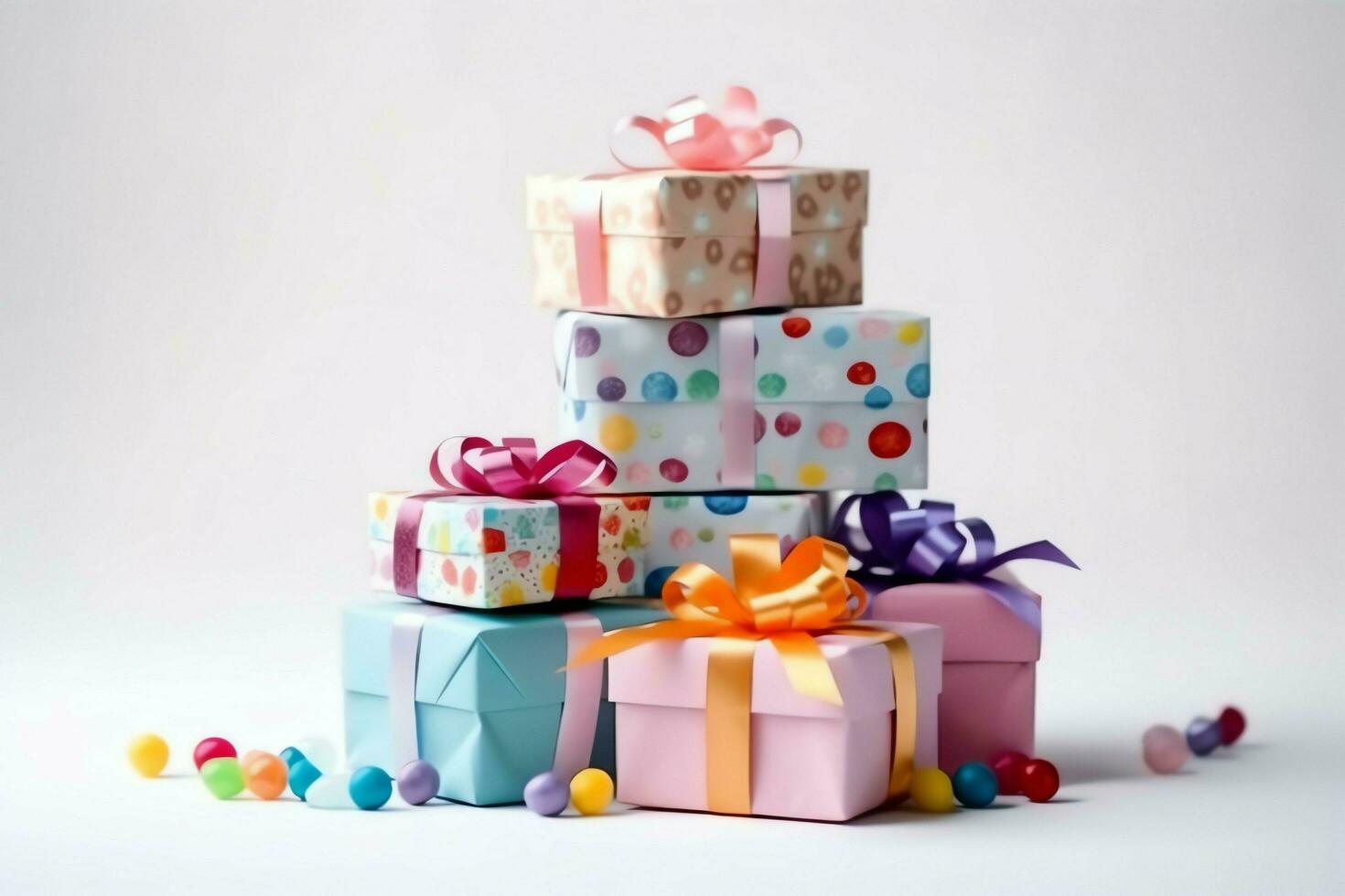 Colorful gift boxes present with ribbon and bow. For birthday, christmas gift or valentine occasions concept by AI Generated photo