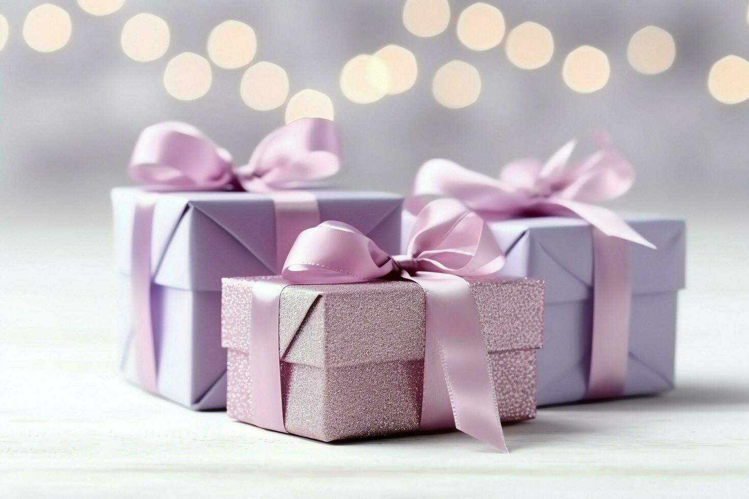 Colorful gift boxes present with ribbon and bow. For birthday, christmas gift or valentine occasions concept by AI Generated photo