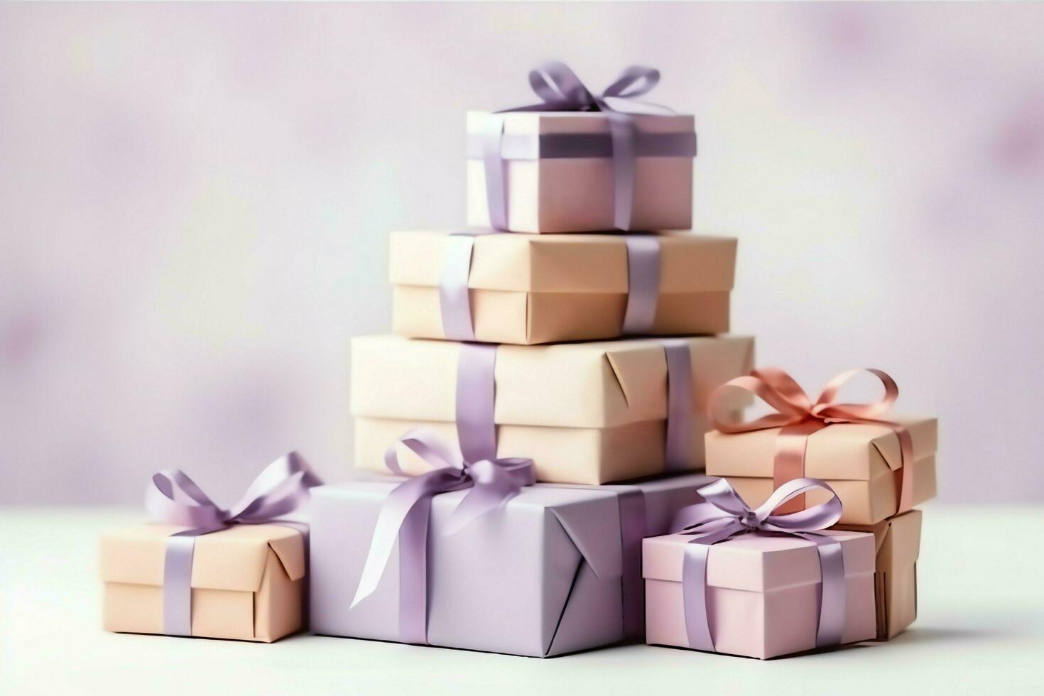 Colorful gift boxes present with ribbon and bow. For birthday, christmas gift or valentine occasions concept by AI Generated photo