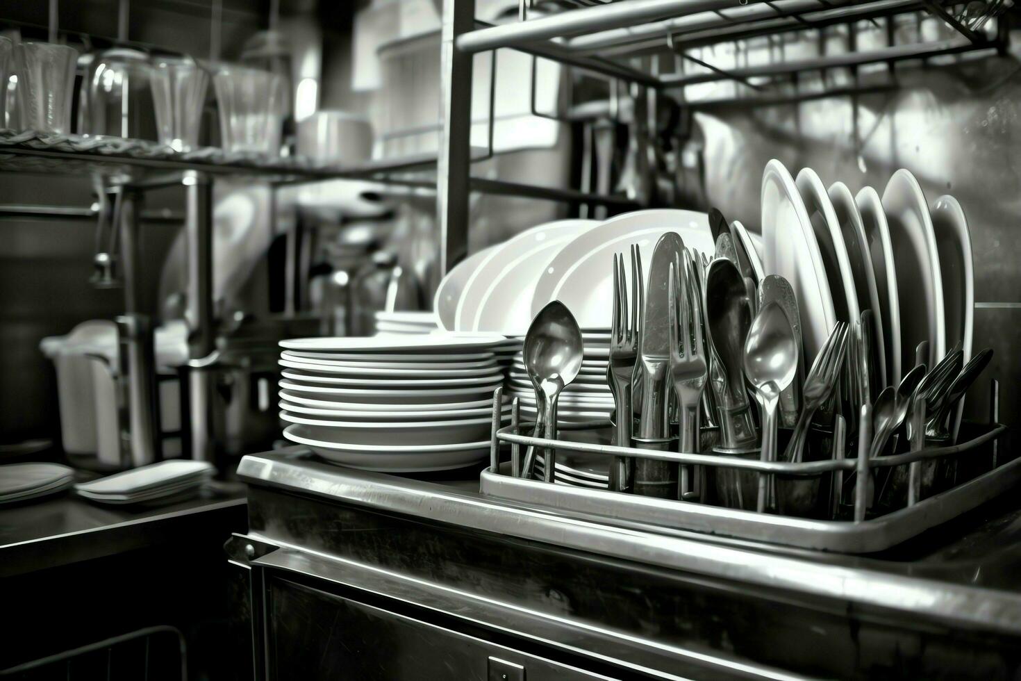 Opened dishwasher machine in kitchen room with dirty plates or clean dishes after washing inside concept by AI Generated photo