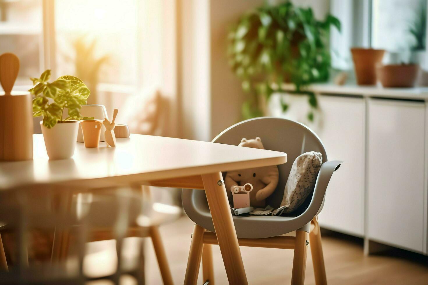 Silla de alimentación de bebé convencional en la mesa del comedor