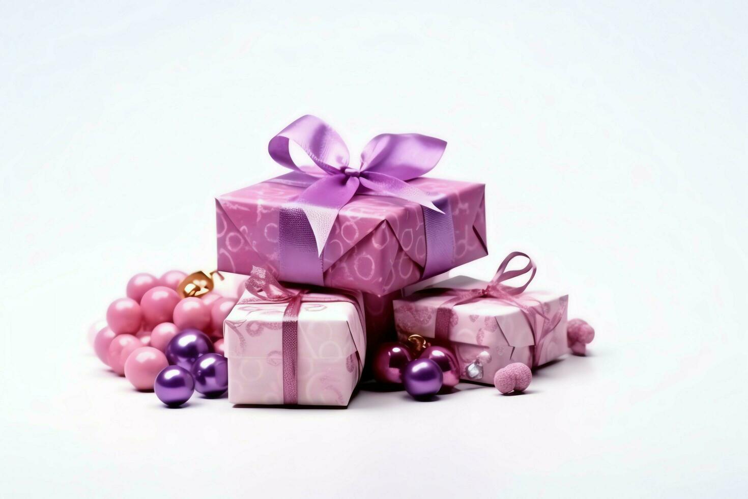 Colorful gift boxes present with ribbon and bow. For birthday, christmas gift or valentine occasions concept by AI Generated photo