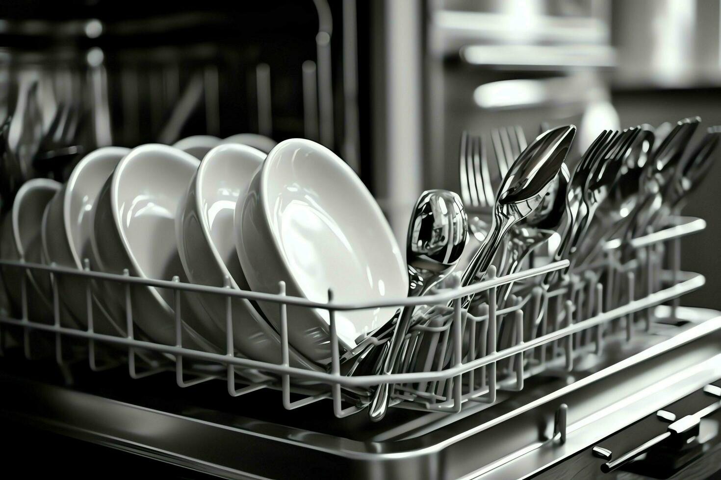 Opened dishwasher machine in kitchen room with dirty plates or clean dishes after washing inside concept by AI Generated photo