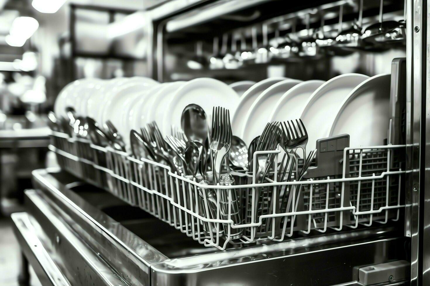 Opened dishwasher machine in kitchen room with dirty plates or clean dishes after washing inside concept by AI Generated photo