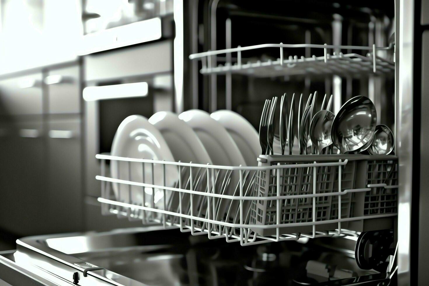 Opened dishwasher machine in kitchen room with dirty plates or clean dishes after washing inside concept by AI Generated photo