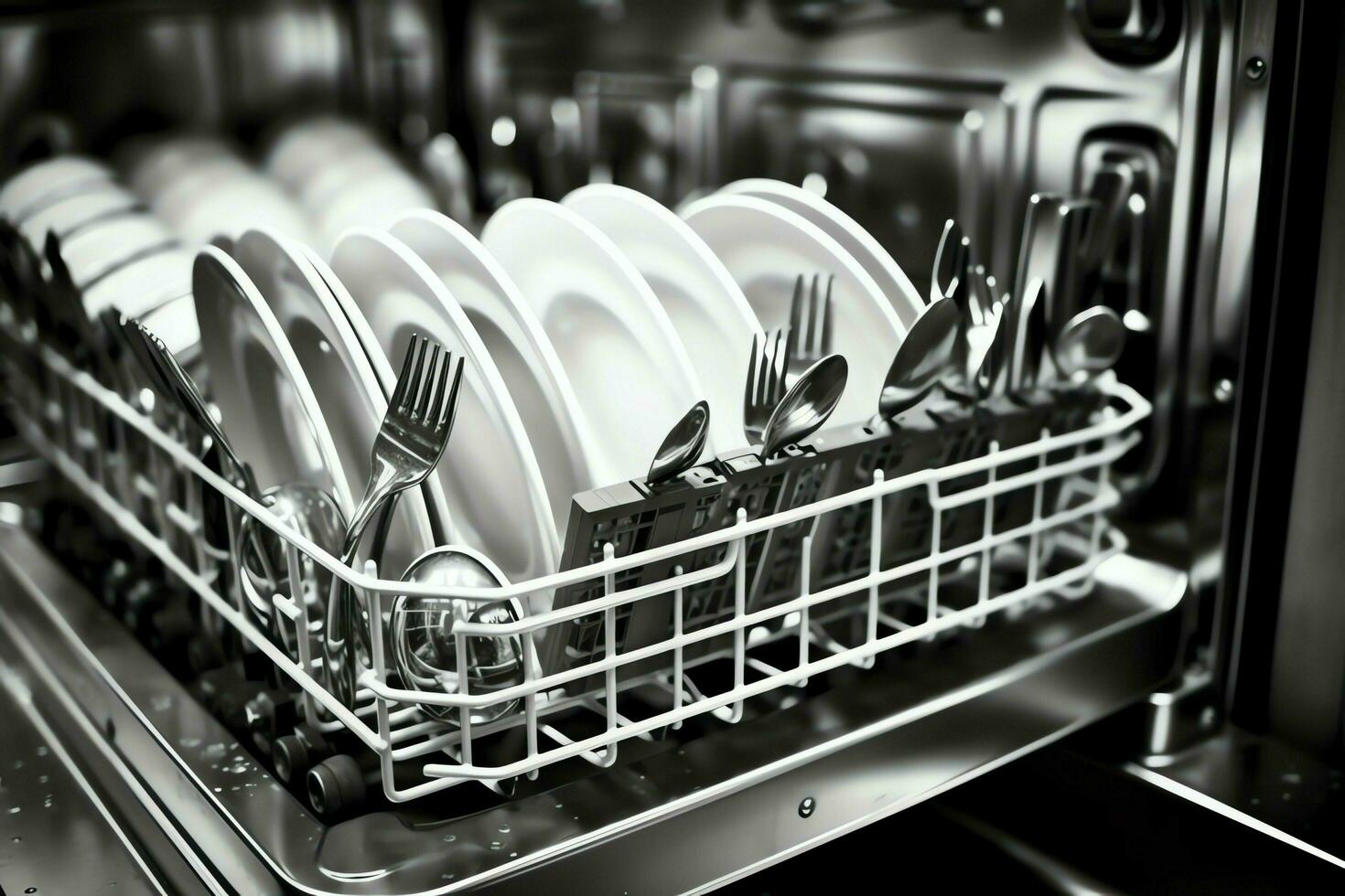 abrió lavavajillas máquina en cocina habitación con sucio platos o limpiar platos después Lavado dentro concepto por ai generado foto