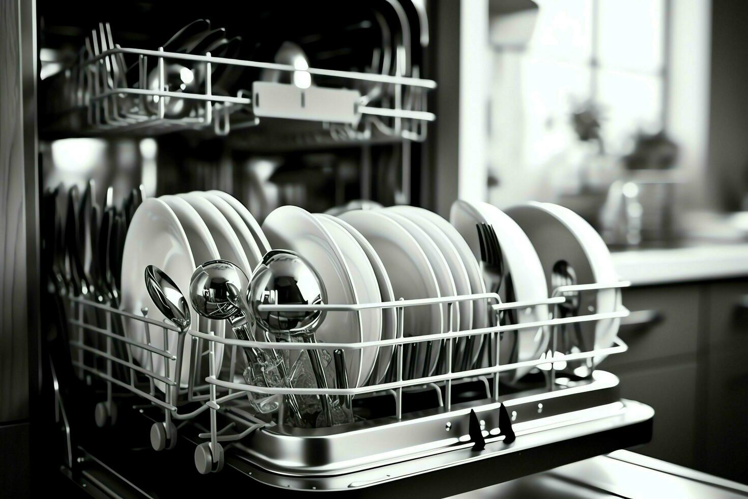 Opened dishwasher machine in kitchen room with dirty plates or clean dishes after washing inside concept by AI Generated photo