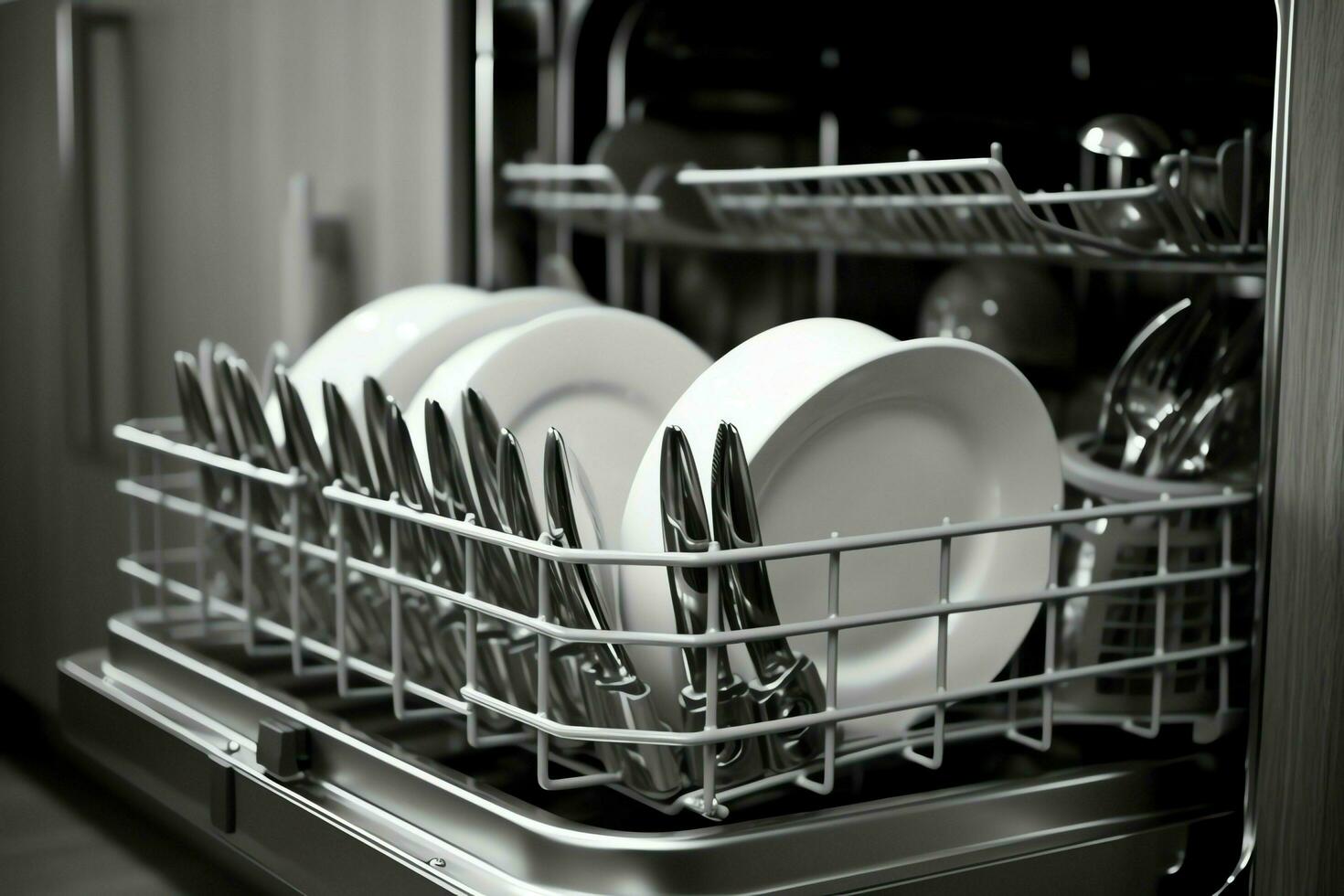 Opened dishwasher machine in kitchen room with dirty plates or clean dishes after washing inside concept by AI Generated photo