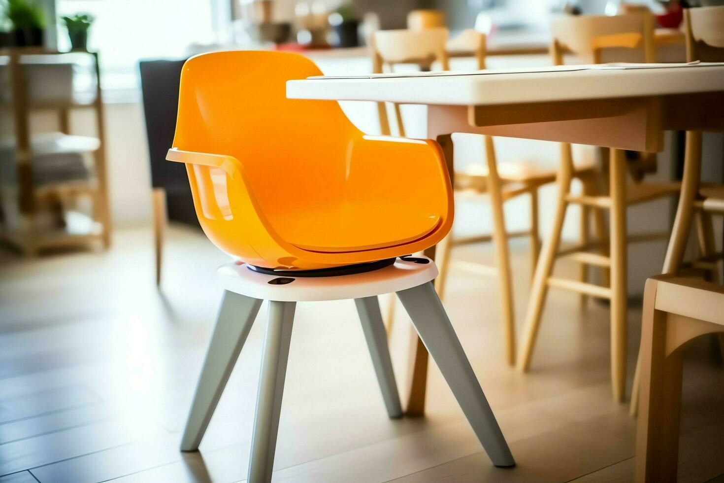 Conventional baby feeding chair in the dining table at home or kitchen. Child high chair furniture concept by AI Generated photo
