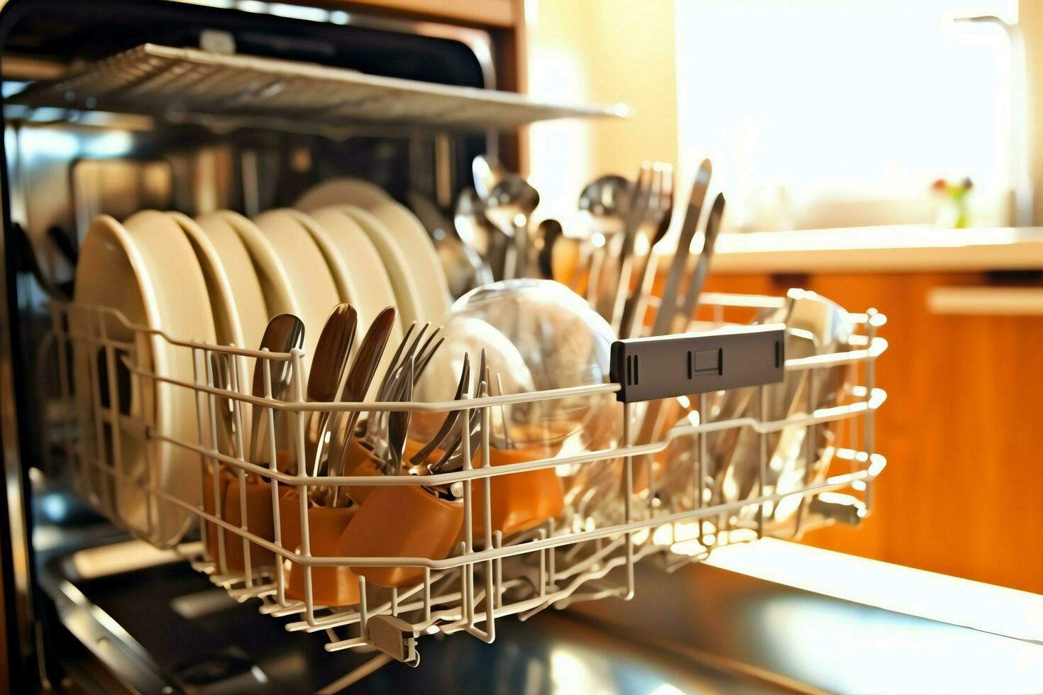 Opened dishwasher machine in kitchen room with dirty plates or clean dishes after washing inside concept by AI Generated photo