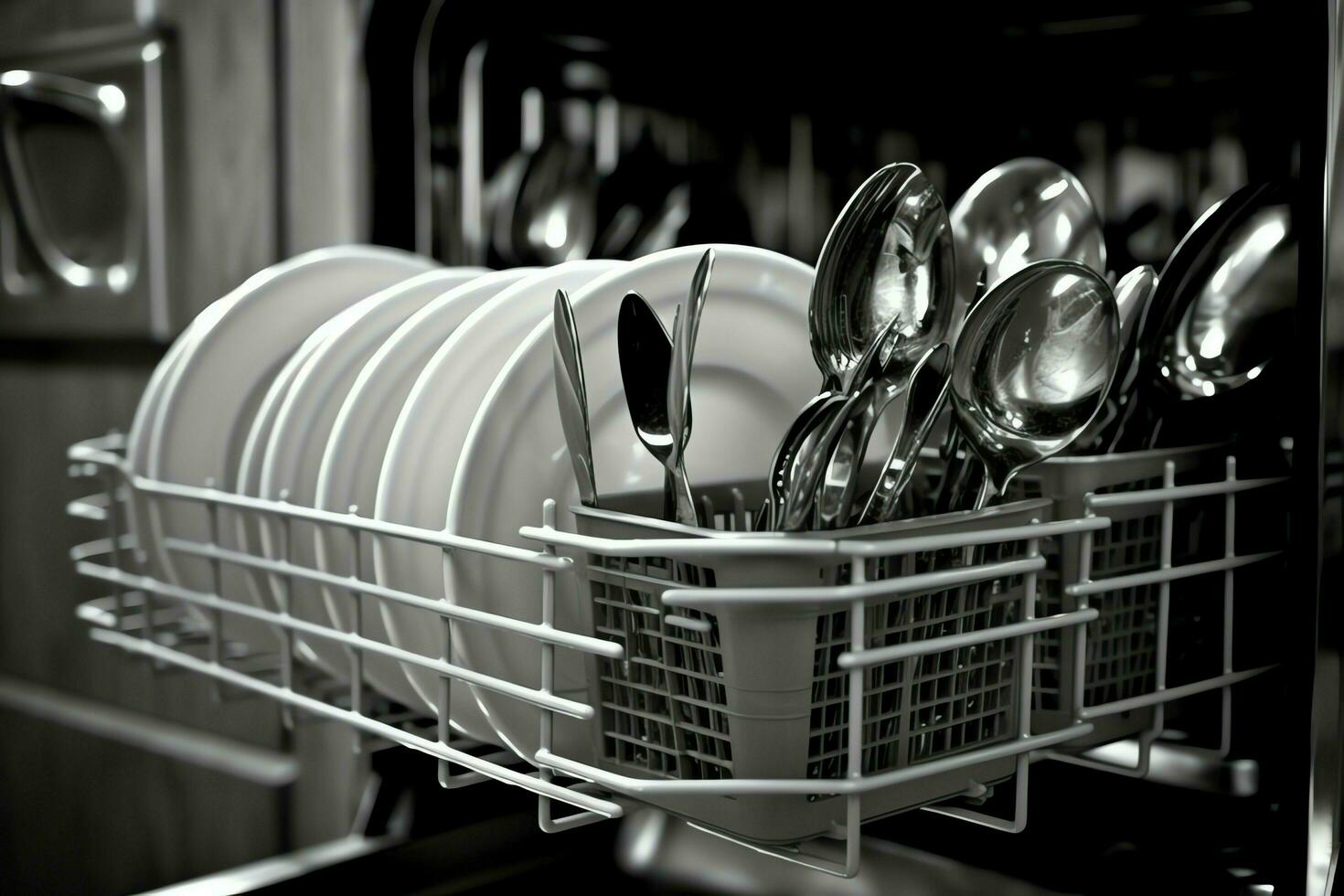 Opened dishwasher machine in kitchen room with dirty plates or clean dishes after washing inside concept by AI Generated photo