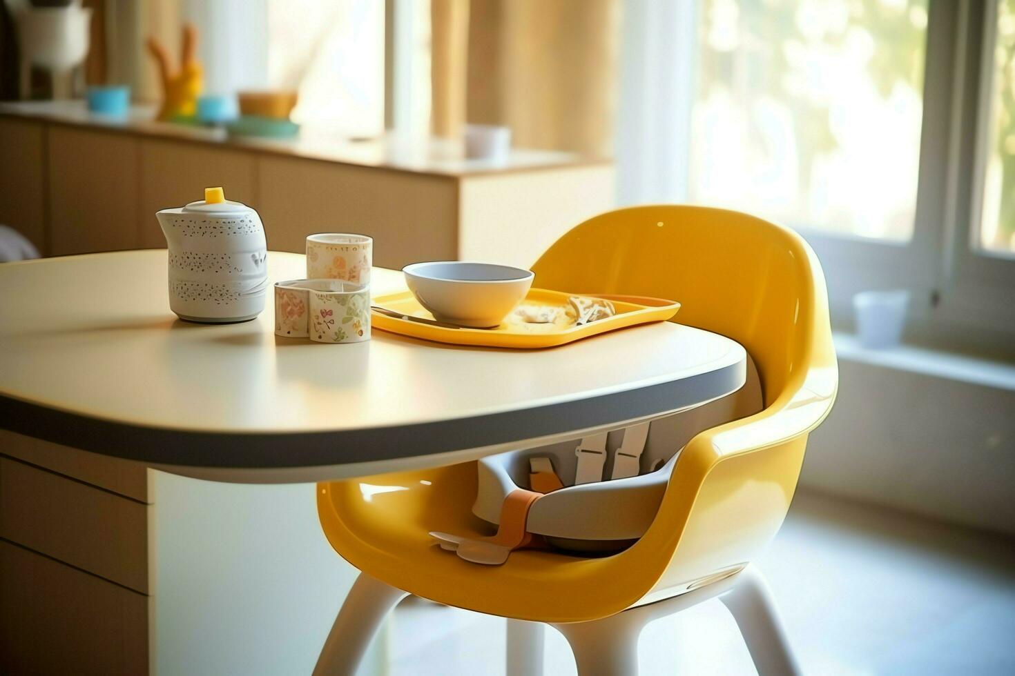 Conventional baby feeding chair in the dining table at home or kitchen. Child high chair furniture concept by AI Generated photo