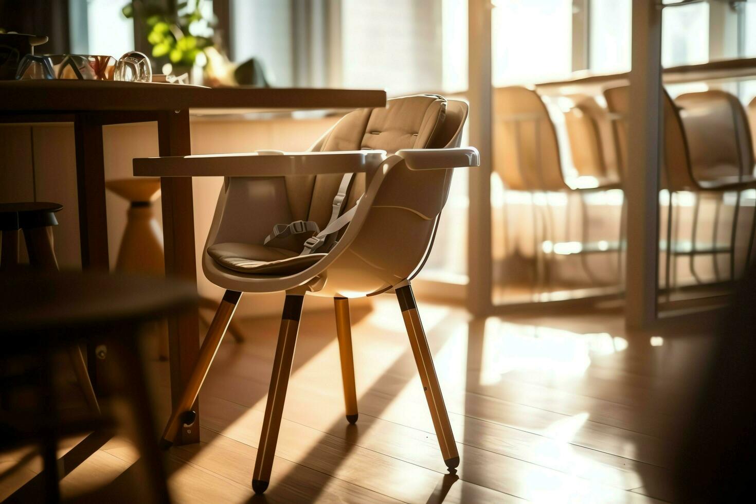 Conventional baby feeding chair in the dining table at home or kitchen. Child high chair furniture concept by AI Generated photo