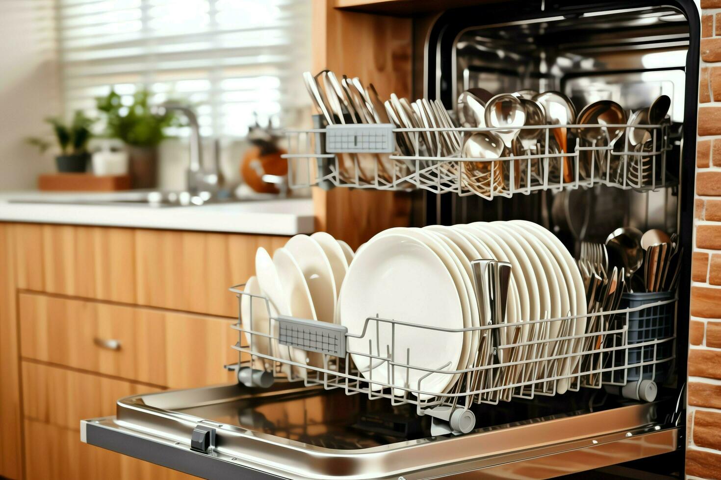 Opened dishwasher machine in kitchen room with dirty plates or clean dishes after washing inside concept by AI Generated photo