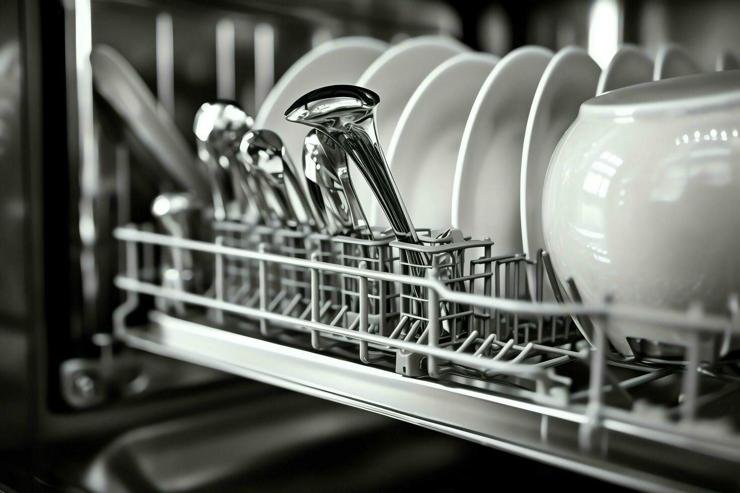 Opened dishwasher machine in kitchen room with dirty plates or clean dishes after washing inside concept by AI Generated photo