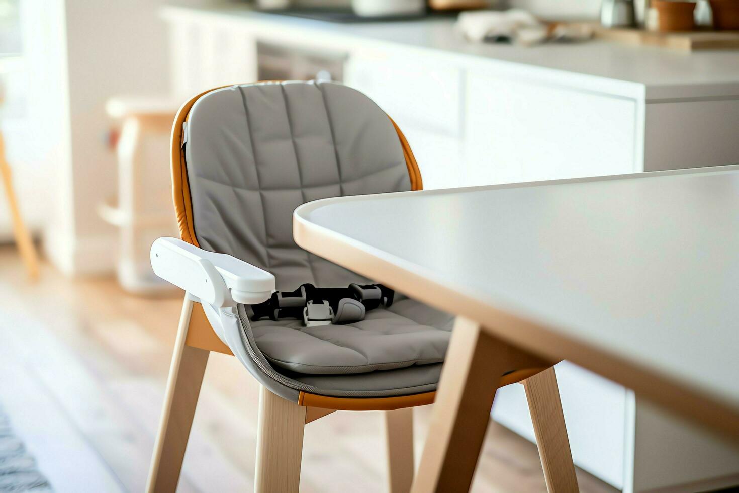 Conventional baby feeding chair in the dining table at home or kitchen. Child high chair furniture concept by AI Generated photo