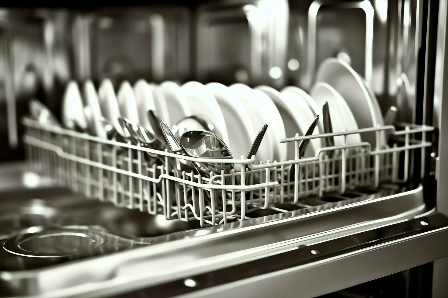 Opened dishwasher machine in kitchen room with dirty plates or clean dishes after washing inside concept by AI Generated photo