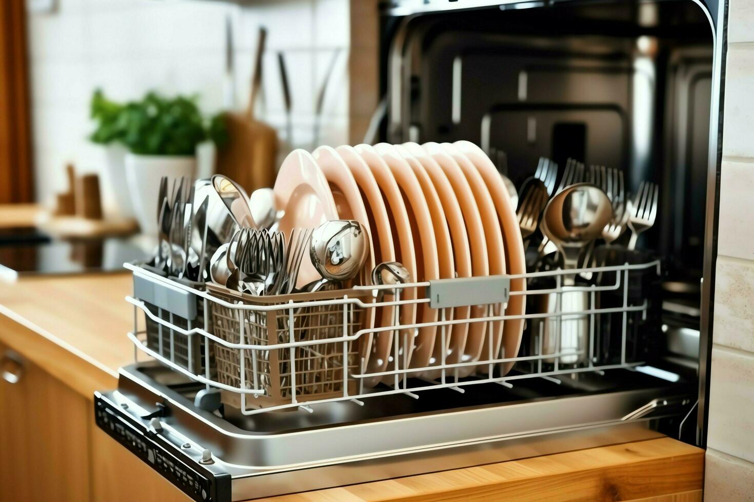 Clean dishes and accessories in dishwasher after washing Stock