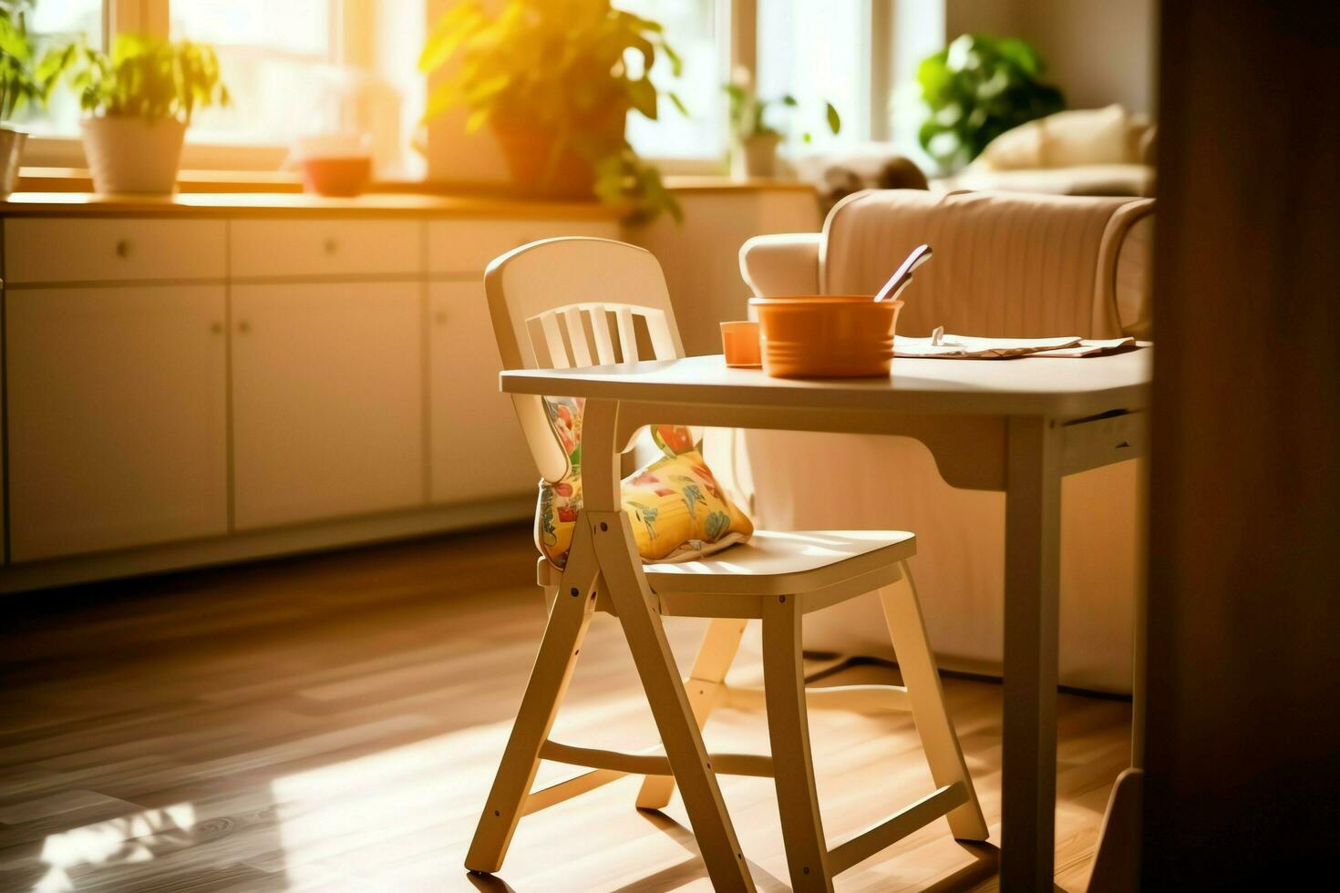 Conventional baby feeding chair in the dining table at home or kitchen. Child high chair furniture concept by AI Generated photo
