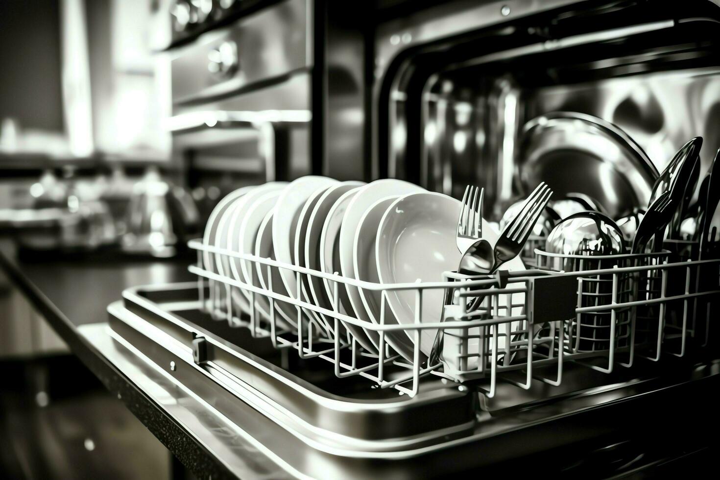 Opened dishwasher machine in kitchen room with dirty plates or clean dishes after washing inside concept by AI Generated photo