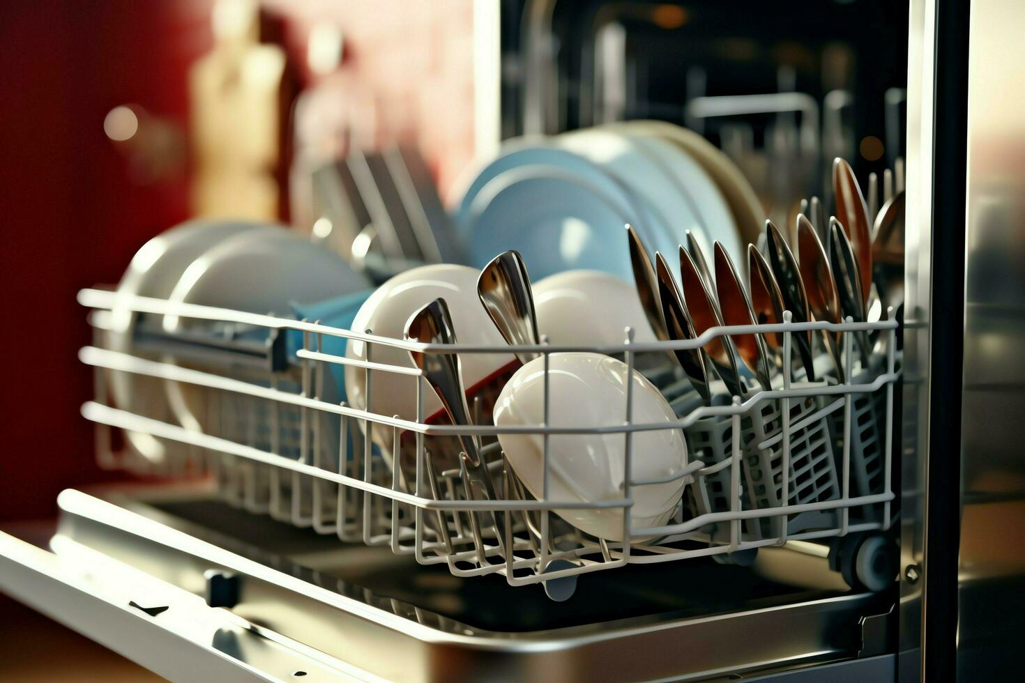 Opened dishwasher machine in kitchen room with dirty plates or clean dishes after washing inside concept by AI Generated photo