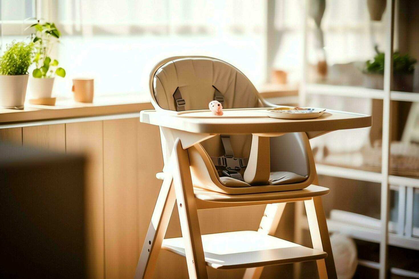 Conventional baby feeding chair in the dining table at home or kitchen. Child high chair furniture concept by AI Generated photo