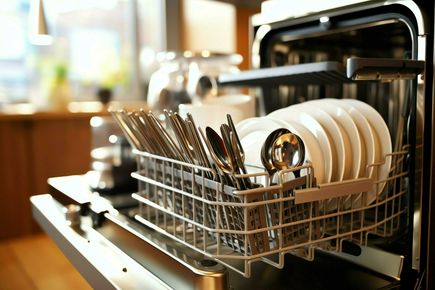 Opened dishwasher machine in kitchen room with dirty plates or clean dishes after washing inside concept by AI Generated photo