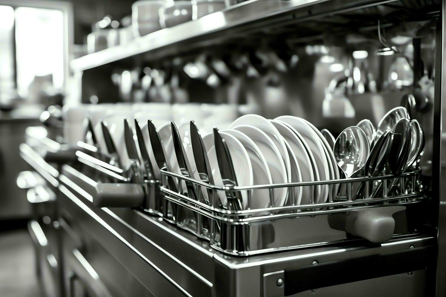 Opened dishwasher machine in kitchen room with dirty plates or clean dishes after washing inside concept by AI Generated photo