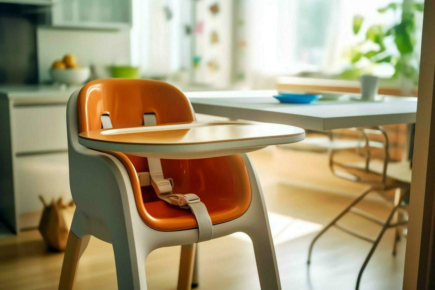 Conventional baby feeding chair in the dining table at home or kitchen. Child high chair furniture concept by AI Generated photo