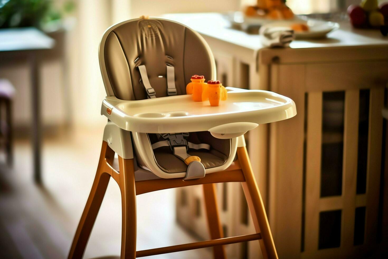 Conventional baby feeding chair in the dining table at home or kitchen. Child high chair furniture concept by AI Generated photo