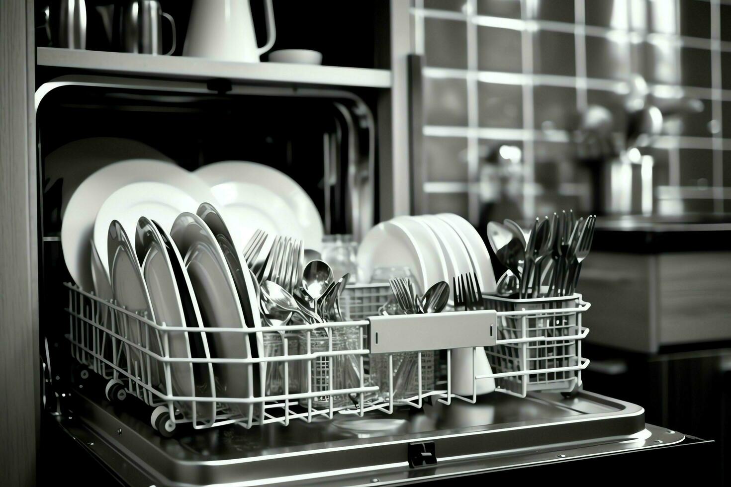 Opened dishwasher machine in kitchen room with dirty plates or clean dishes after washing inside concept by AI Generated photo