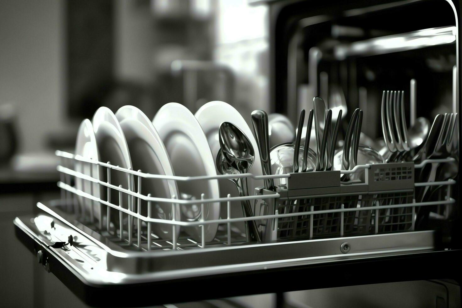 Opened dishwasher machine in kitchen room with dirty plates or clean dishes after washing inside concept by AI Generated photo