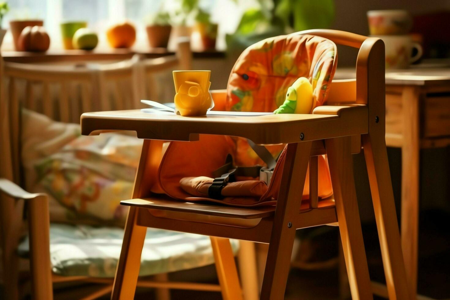 Conventional baby feeding chair in the dining table at home or kitchen. Child high chair furniture concept by AI Generated photo