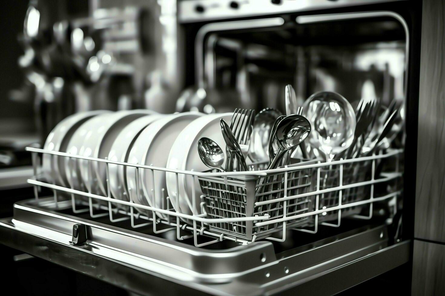 Opened dishwasher machine in kitchen room with dirty plates or clean dishes after washing inside concept by AI Generated photo