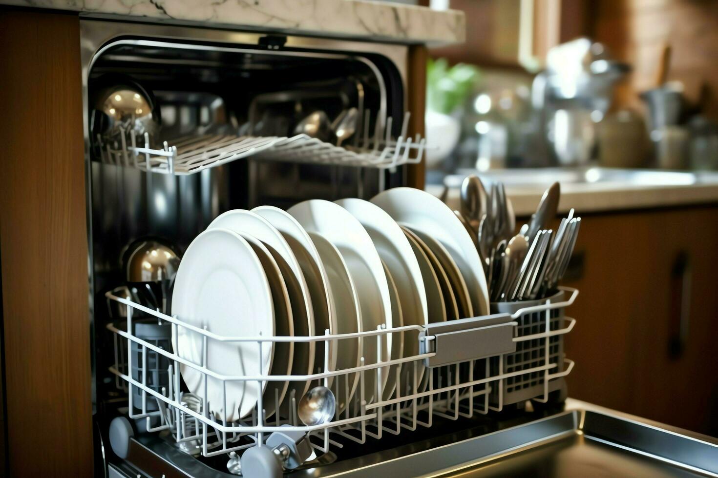 Opened dishwasher machine in kitchen room with dirty plates or clean dishes after washing inside concept by AI Generated photo